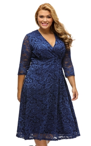 BY61442-5 Navy Blue Plus Size Surplice Lace Formal Skater Dress